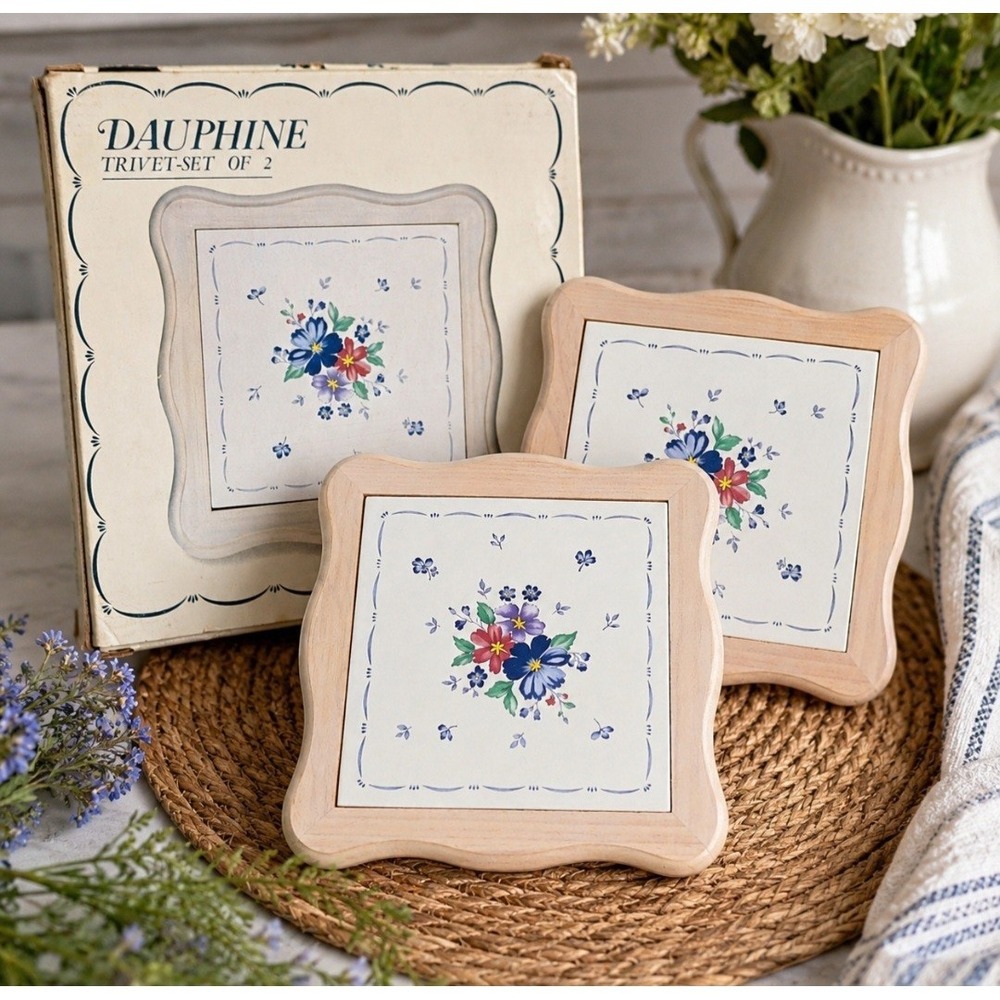 Vintage Dauphine Trivet Set of 2 Floral Ceramic Tile Wood Frame NIB Cottagecore